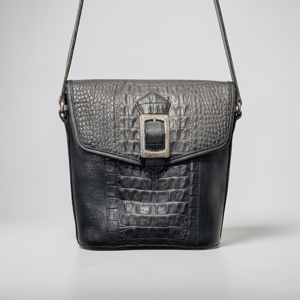 Brighton Womens Leather Crossbody Handbag Black Croc Embossed Adjustable Vintage